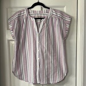 LOFT White and Pink Short Sleeve Button Down Shirt